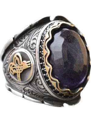 El Yapımı 925 Ayar Gümüş Erkek Yüzük, Mavi Safir Taşı - Karmaşık Osmanlı Işlemeli Tasarım, Ortadoğu Etkili Yüzük