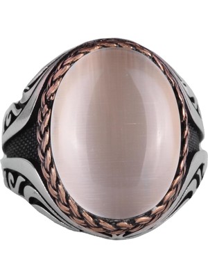 925 Ayar Gümüş Yüzük - Yapay Taş Gümüş Yüzük - El Yapımı Yüzük (Yapay Beyaz Kedi Gözü)