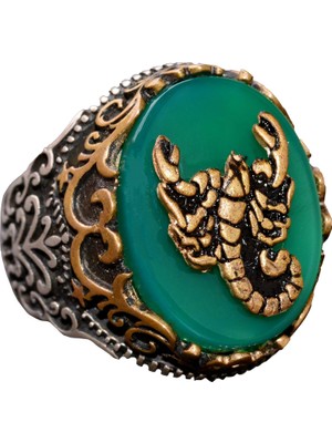 925 Ayar Gümüş Yüzük - Semboller Yüzüğü - Yeşil Akik Taşı Yüzük (Akrep)