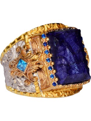 925 Ayar Gümüş Erkek Yüzük, Kral Yüzük, Doğal Safir Dikdörtgen Taş