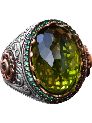 El Yapımı Gümüş Erkek Yüzük | Yeşil Yapay Peridot Taşı | Yenilenme ve Refah Tasarımı