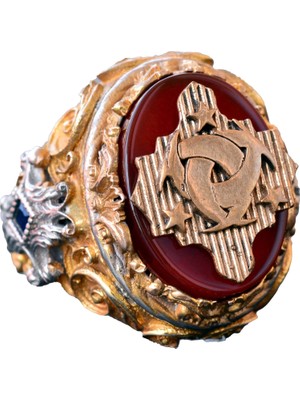 El Yapımı Yüzük - 925 Ayar Sert Gümüş Erkek Altın Kaplama Takı (Arma)