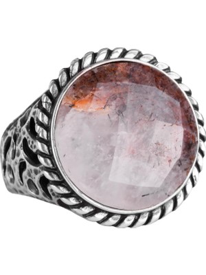 Doğal Taş Yüzük - 925 Ayar Katı Gümüş Erkek Yüzük ile Rutilatlı Kuvars