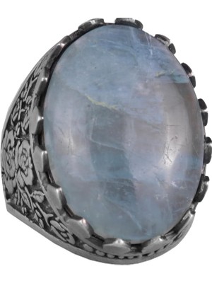 Doğal Taş Akuamarin Yüzük - Gül Desenli Yüzük - 925 Ayar Gümüş Yüzük - El Yapımı Büyük Yüzük