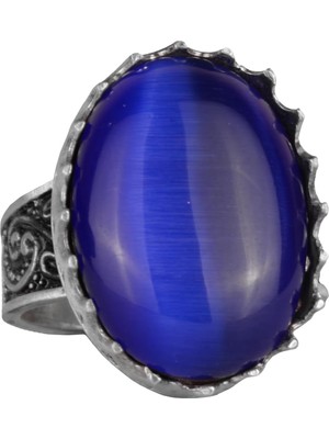 925 Ayar Gümüş Yüzük - Büyük Yüzük - Yapay Taşlı Gümüş Yüzük - El Yapımı Yüzük (Yapay Mavi Kedi Gözü)