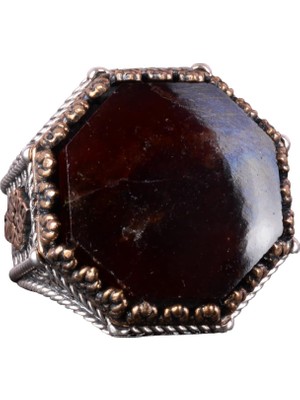 Doğal Taş Yüzük - Sekizgen Tasarım - El Yapımı 925 Ayar Gümüş Takı (Granat)