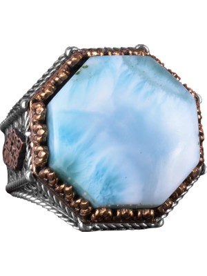 Doğal Taş Yüzük - Sekizgen Tasarım - El Yapımı 925 Ayar Gümüş Takı (Larimar)