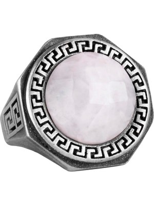 Doğal Taş Yüzük - 925 Ayar Katı Gümüş El Yapımı Erkek Yüzüğü (Ay Taşı)