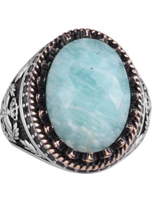 Doğal Taş Yüzük - El Yapımı Şahin Yüzük - 925 Ayar Gümüş Yüzük (Amazonit)