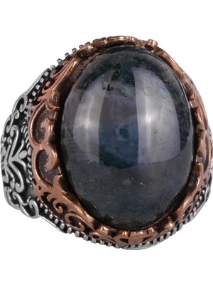 Doğal Taş El Yapımı Yüzük - 925 Ayar Gümüş El Yapımı Yüzük - Şık Farklı Yüzük (Moss Akik)