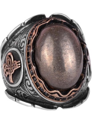 925 Ayar Katı Gümüş Erkek Yüzük, Doğal Pirit Taşı Yüzük, Osmanlı Tugra Yüzüğü, Refah Manifestasyonu Tasarımı