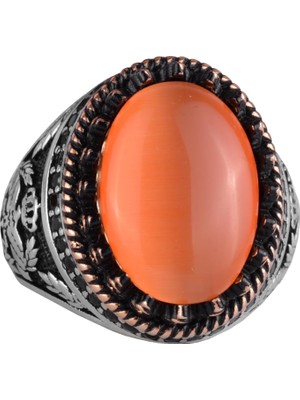 925 Ayar Gümüş Yüzük, Yapay Taş Yüzük, Kartal Sembol Yüzüğü, El Yapımı Yüzük (Yapay Turuncu Kedigözü)