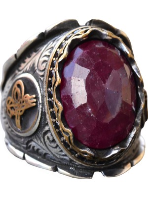 Osmanlı Yüzük, Gümüş Yüzük, Doğal Yakut Taşlı Yüzük, 12.90 Karat, Etnik Tasarım