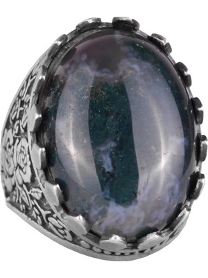 Doğal Yosunlu Akik Taş Yüzük - Gül Desenli Yüzük - 925 Ayar Gümüş Yüzük - El Yapımı Büyük Yüzük