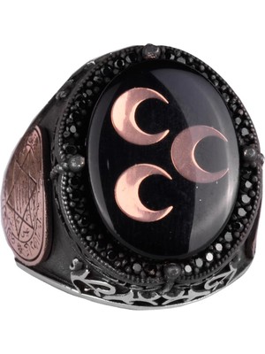 925 Ayar Gümüş El Yapımı Erkek Yüzük - Davut Yıldızı Yüzüğü (Üçlü Hilal)