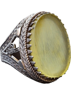 Doğal Ham Kehribar Taşlı Osmanlı Gümüş Yüzük - 925 Erkek Yüzüğü