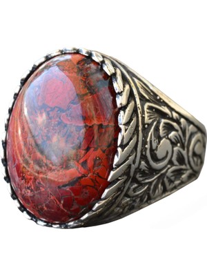 925 Ayar Gümüş Yüzük - Doğal Taş Yüzük - (Kan Taşı)