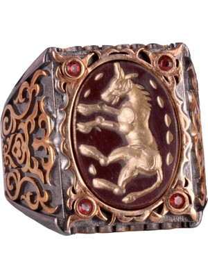 Doğal Agat Taşından At Yüzüğü - Oymalı ve Gravürlü Taş 925 Ayar Gümüş Erkek Yüzüğü