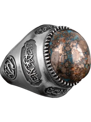 El Yapımı 925 Ayar Gümüş Yüzük, Doğal Turkuaz Taşı ve Islami Hat ile - Erkek Takısı