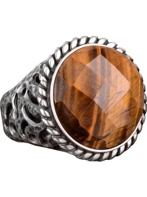 Doğal Kaplan Göz Taşı Yüzük, 925 Ayar Gümüş Yüzük