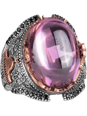 925 Ayar Gümüş Erkek Yüzüğü, Müslüman Camisi Pembe Topaz Yapay Taş