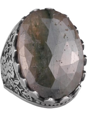 Doğal Taş Yüzük - Gül Desenli Yüzük - 925 Ayar Gümüş Yüzük - El Yapımı Büyük Yüzük (Zümrüt)