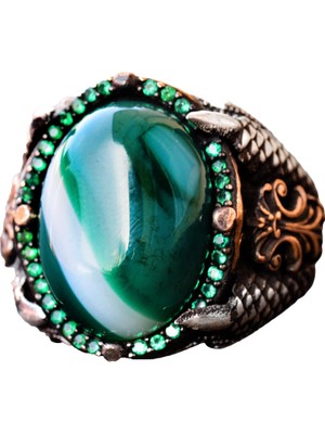 El Yapımı 925 Ayar Gümüş Erkek Yüzük, Doğal Yeşil Akik Taşı, Karmaşık Pençe Tasarımı, Farklı Bant Yüzük