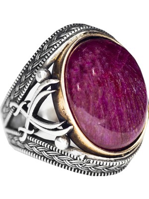 Doğal Taş Yüzük - Gümüş Erkek El Yapımı Kılıç Yüzük (Cabochon Kırmızı Yakut)