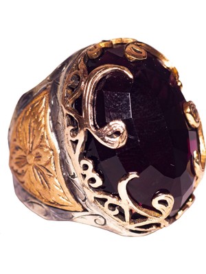 925 Ayar Gümüş Erkek Yüzük, Yapay Ametist Taşı ve Ince Altın Detaylarla