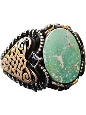 Erkek Yeşil Turkuaz Taş Yüzük, 925 Ayar Gümüş ile Vintage Orta Doğu Tasarımı