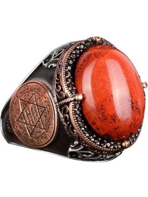 Gümüş Süleyman Mührü Yüzüğü, Doğal Kırmızı Kan Taşı Yüzük - 925 Ayar Katı Gümüş Erkek Yüzüğü