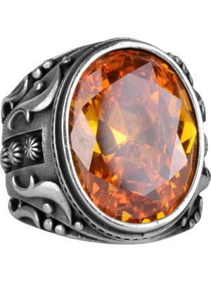 925 Ayar Gümüş Yüzük, Tasarım Gümüş Erkek Yüzüğü (Turuncu Yapay Sitrin Taşı)
