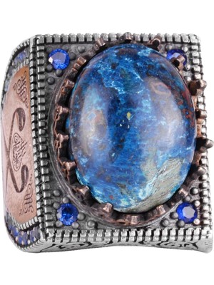 Doğal Taş Yüzük - 925 Ayar Gümüş Islami Yüzük - El Yapımı Hat Yazılı Yüzük (Azurit)