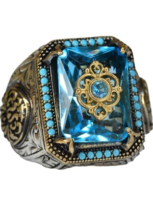 Erkekler Için 925 Ayar Gümüş Yüzük Mavi Topaz Yapay Taşlı