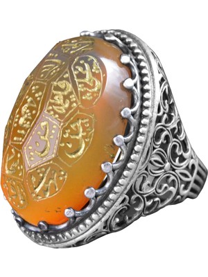 Doğal Akik, Şislami Şeriat Yazılı Yüzük - 925 Ayar Gümüş El Yapımı Erkek Büyük Y