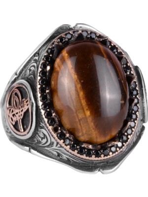 925 Ayar Katı Gümüş Erkek Yüzük - Doğal Taşlarla El Yapımı Zarafet (Kaplan Gözü Taşı)