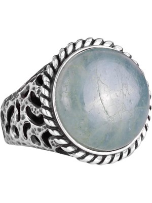Doğal Taş Yüzük - 925 Ayar Katı Gümüş Erkek Yüzük ile Akuamarin