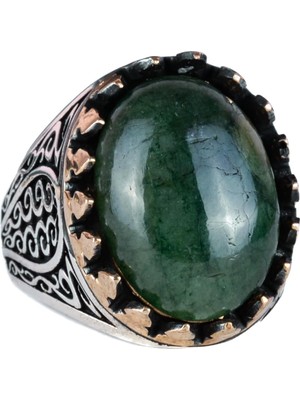 925 Ayar Katı Gümüş Erkek Yüzük Doğal Taşlarla - El Yapımı Şıklık (Cabochon Zümrüt Taşı)