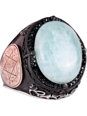 Doğal Cabochon Amazonit Taş Yüzük, Sürekli 925K Katı Gümüş Erkek Yüzüğü - Süleyman Mührü Gümüş Yüzük