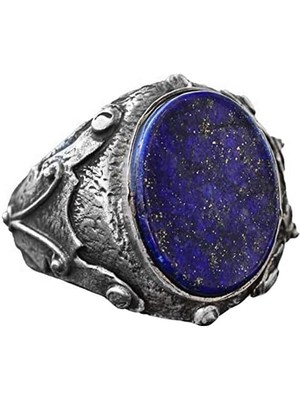 Erkek Doğal Lapis Lazuli Yüzük, 925 Ayar Gümüş, Ortaçağ Tasarımı ile El Yapımı