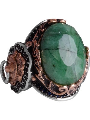 Doğal Zümrüt Taşlı Yüzük, Aslan Sinyal Yüzüğü - 925 Ayar Katkısız Gümüş Yüzük