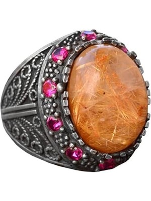 Doğal Altın Rutilat Kuvars ve Yakut Aksesuarlı - 925 Ayar Gümüş Erkek Yüzük