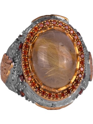 Doğal Taş Yüzük - Sultan Yüzüğü - 925 Ayar Gümüş Yüzük (Altın Rutilli Kuvars)