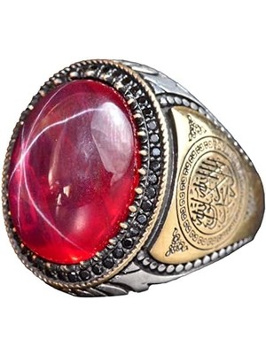 925 Ayar Gümüş Erkek Yüzük, Doğal Taş Yüzük, Islami Yüzük (Yıldız Yakutu)