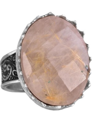 Doğal Taş Yüzük - 925 Ayar Gümüş Büyük Yüzük - El Yapımı Yüzük (Altın Rutilet Kuvars)