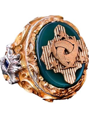 Jade Taşı Yüzük - 925 Ayar Gümüş Mühür Yüzük - El Yapımı Erkek Altın Kaplama Yüzük (Aile Arması)