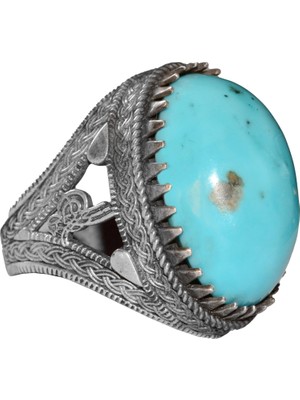 Erkekler Için Sterlin Gümüş Yüzük - Doğal Turkuaz Oval Taş, Osmanlı Tasarımı