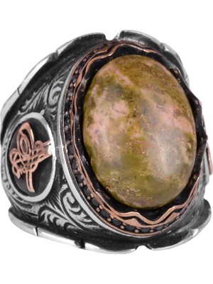 Doğal Unakite Taşı Yüzük, El Yapımı 925K Katı Gümüş Erkek Yüzük, Sanatsal Tasarım, Osmanlı Tuğra Yüzüğü