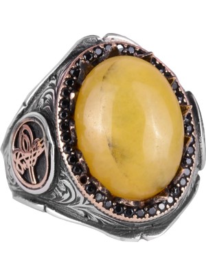 925 Ayar Katı Gümüş Erkek Yüzük, Doğal Taşlar ile - El Yapımı Zarafet (Sarı Akik Taşı)