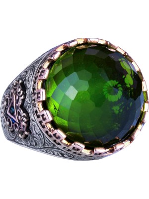 925 Ayar Gümüş Yüzük - Kral Yüzüğü - Yapay Taş Yüzük - El Yapımı Erkek Yüzüğü (Yapay Peridot)